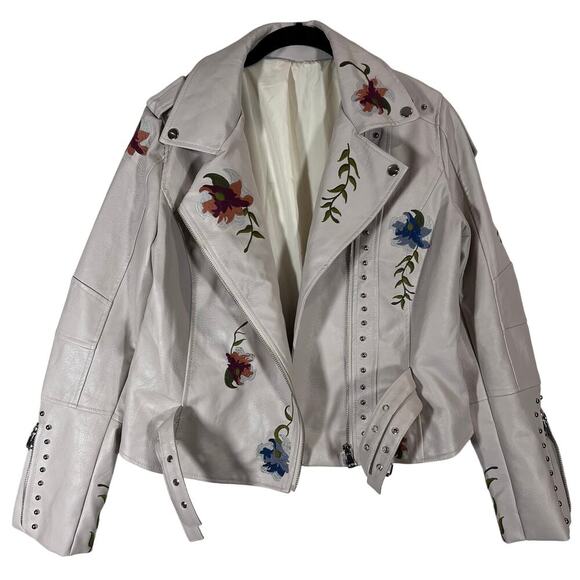 Bollrllr Women Floral Print Embroidered Faux Leather Jacket Lapel Collar Size L - Picture 2 of 9